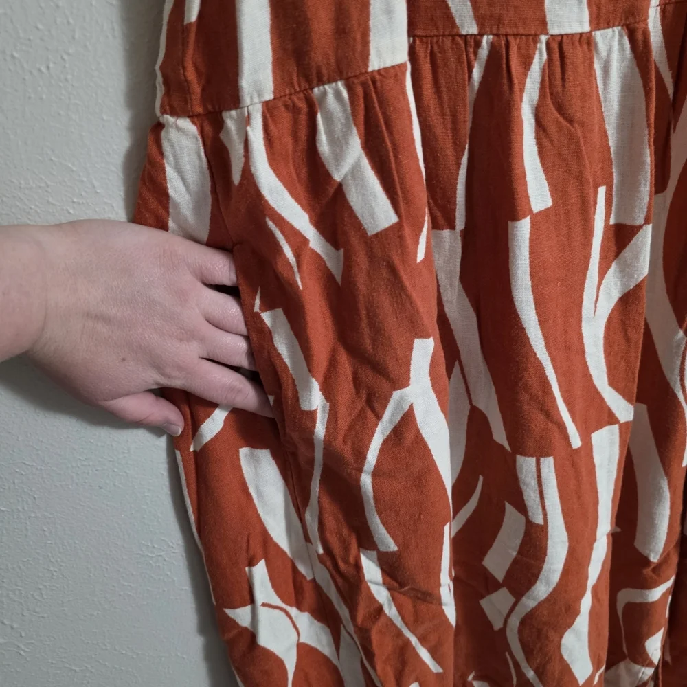 Ava & Viv Linen Blend Abstract Rust Ruffle Midi Dress Smocked Back Rayon Cruise - Picture 10 of 11